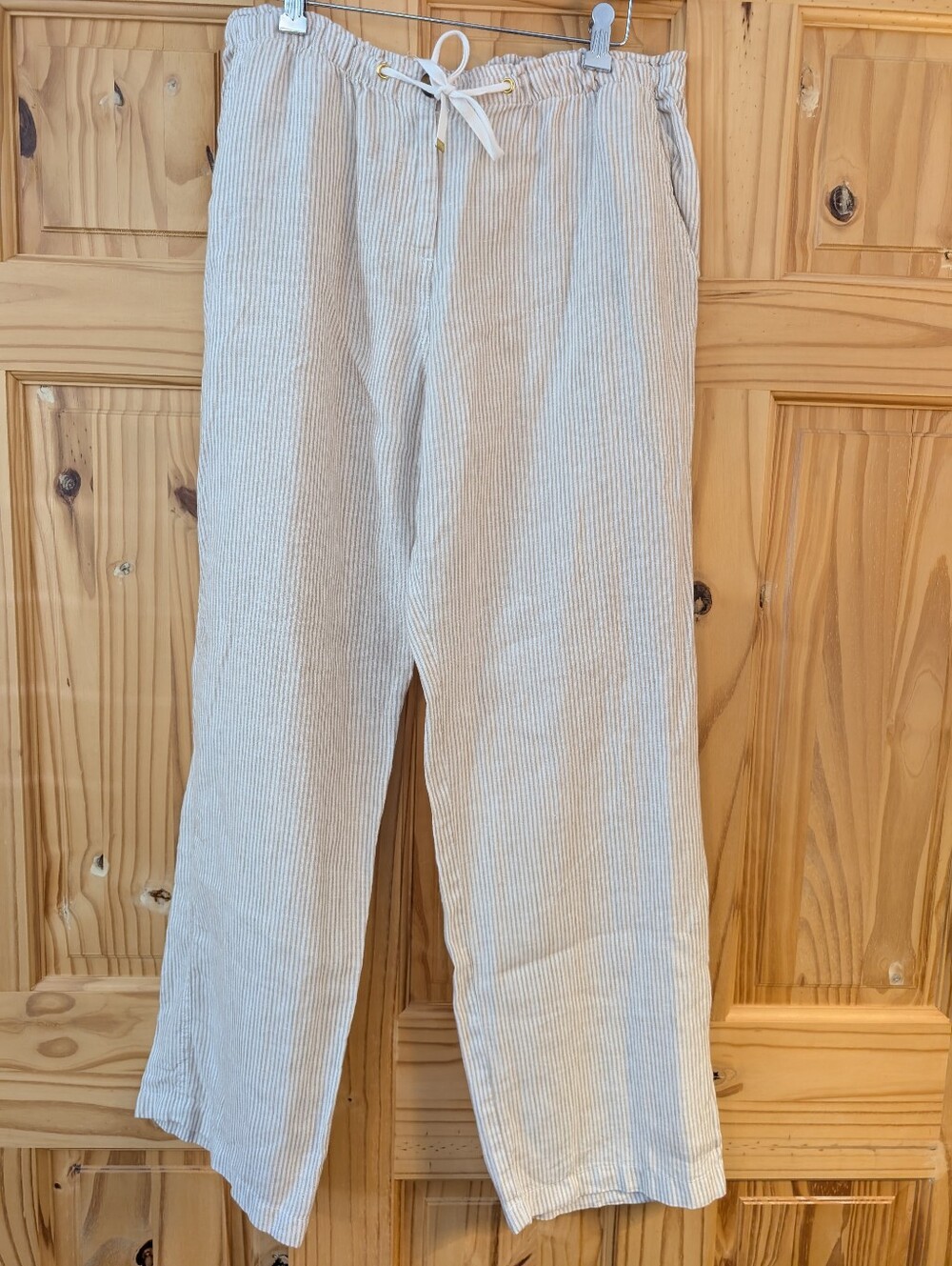 Jones New York Light Beige & White Striped Linen Draw String Waist Pant Size 10